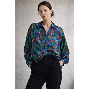 Margo's Silk Abstract Swirl Print Button Down Shirt Long Sleeve Women's M